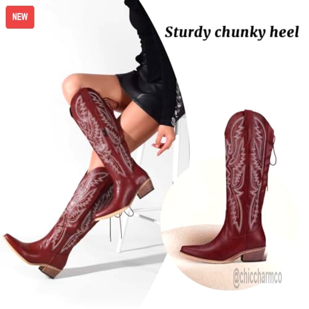 Lace Up Cowboy Boots Wide Calf Chunky Heel Pointed Toe Western Shoes - Picture 3 of 7